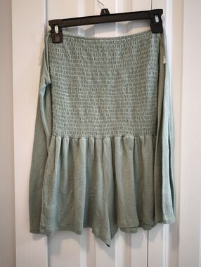 Solemio Sage Green Smocked Romper Off Shoulder Flowy Long Sleeve Small